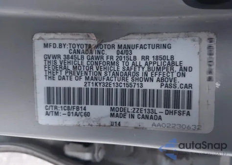 2003 Toyota Matrix Xrs z USA, uszkodzony, nr VIN 2T1KY32E13C155713